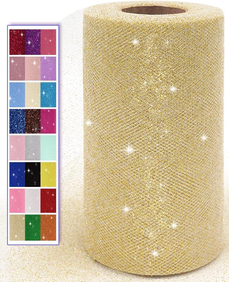 Glitter Gold Tulle Fabric Rolls, 6 Inch 50 Yards (150ft) Sparkling Spool Ribbon Sequin Netting for Tutu Skirt Gift Wrapping Wedding Party Decoration (White/Gold)