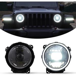 Kiwi Master OEM Style LED Headlights for Jeep Gladiator JT 2018-2026 Jeep Wrangler JL/4xe Accessories Halo DRL 9 Inch Round Headlight with Daytime Running Lights, Black, Pair
