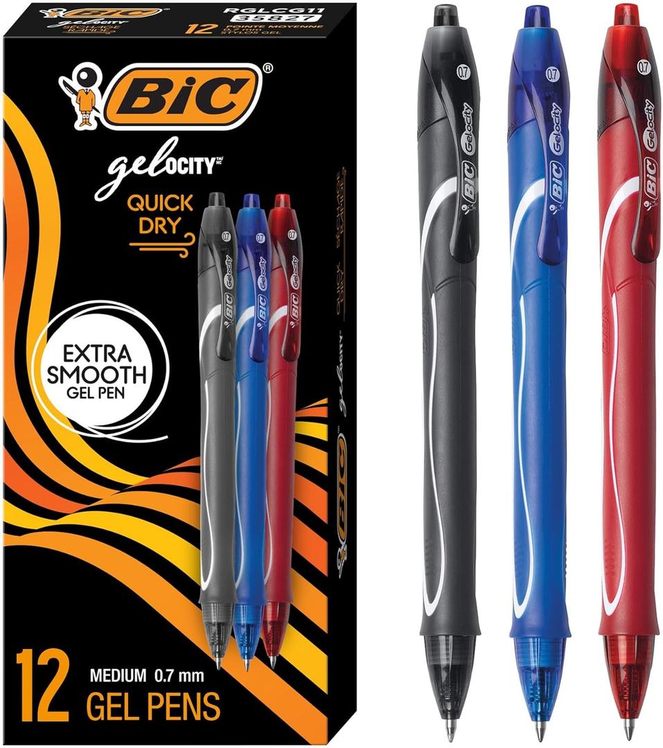 BIC Gelocity Quick Dry Assorted Colors Gel Pens, Medium Point (0.7mm), 12-Count Pack, Retractable Gel Pens With Comfortable Full Grip