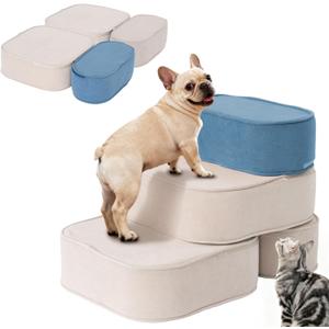 Dog Stairs for Small Dogs 17.7" H,2 in 1 Dog Steps for High Bed Couch 3-Step Pet Stairs for Dogs to Get On Bed,High Density Foam Non-Slip Pet Ramp for Puppy Older Cat (Coffee+Blue)