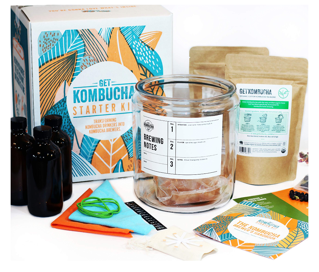Kombucha Starter Kit .Deluxe Brewing Bundle, Create Vegan Organic Tea, Non-GMO and Gluten Free Brew with Advanced Probiotics, Glass Gallon Jar, Funnel, and Botanicals
