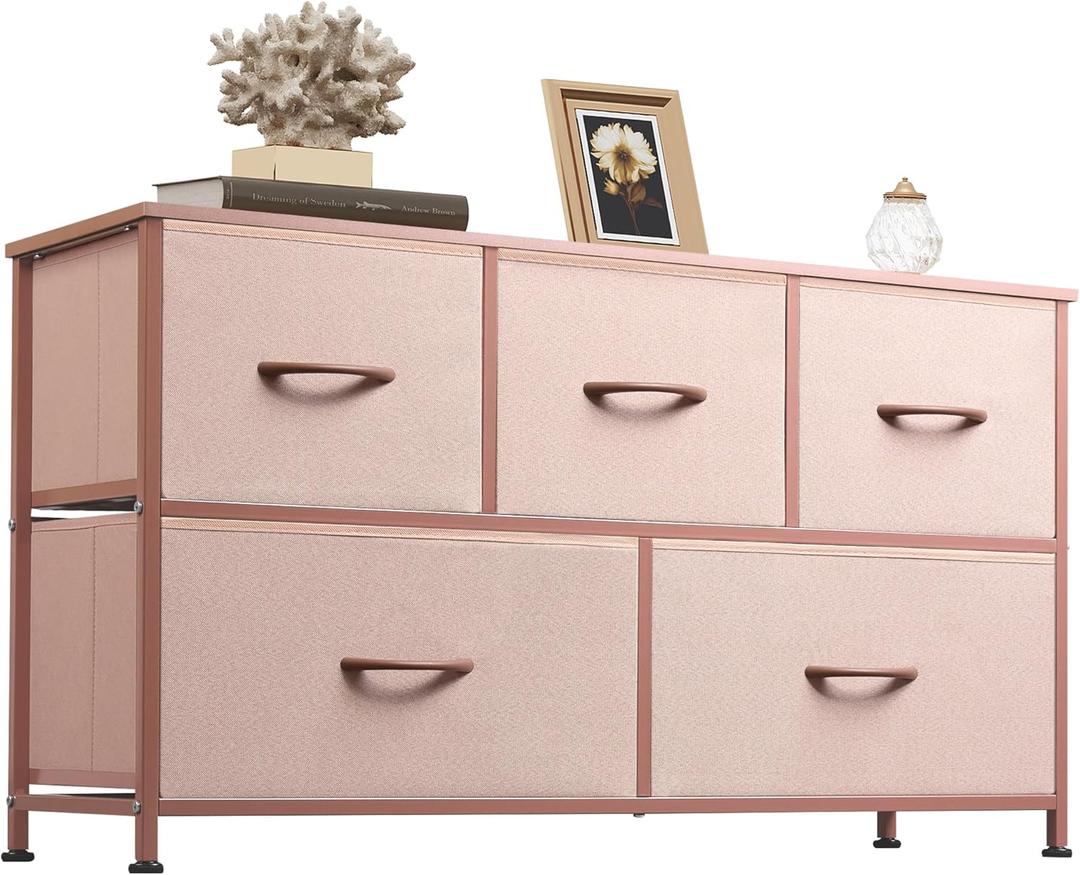 WLIVE Dresser for Bedroom with 5 Drawers, Wide Chest of Drawers, Fabric Dresser, Storage Organization Unit with Fabric Bins for Closet, Living Room, Hallway, Pink and Rose Gold (11.81"D x 39.37"W x 21.65"H)