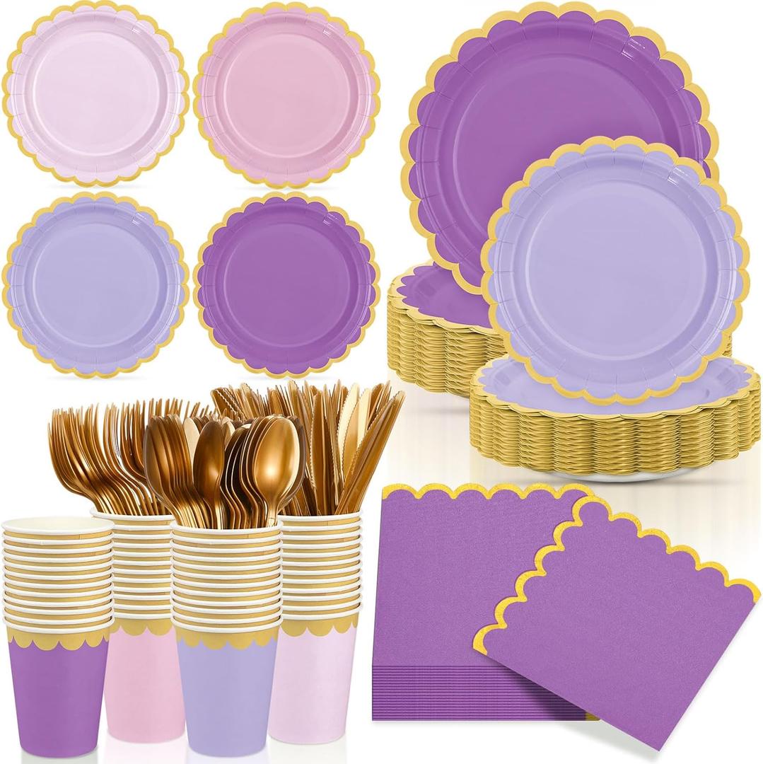 Mimorou 169 Pcs Purple Plates and Napkins Party Supplies for Guests Lavender Purple and Gold Tableware Include Scalloped Plates Paper Napkin Cup Spoon Fork Knife for Baby Shower, Wedding, Birthday