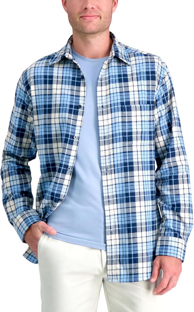 Haggar Men's Long Sleeve Cotton Flannel Plaid Shirt (XX-Large, Indigo)