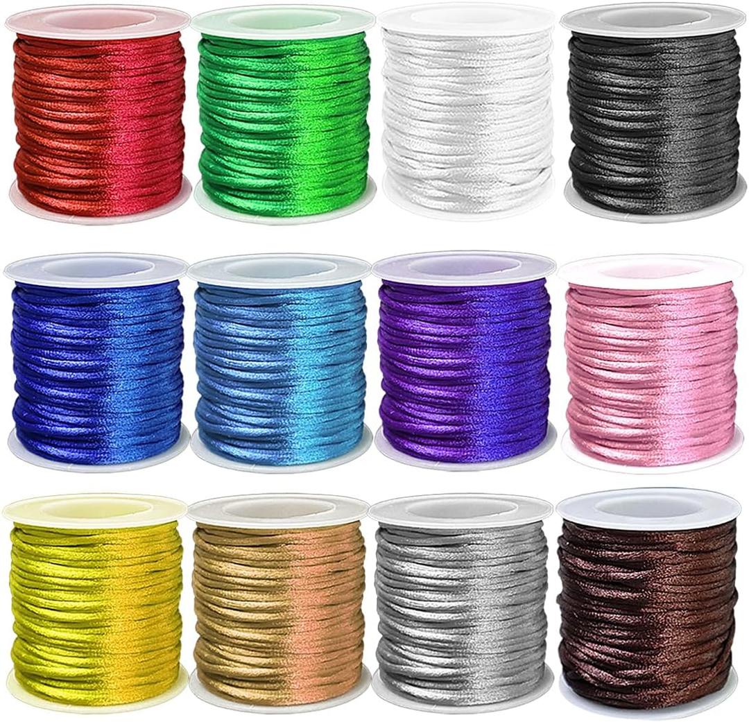 Ewpart 12 Rolls 2mm Nylon Cord for Bracelets Making Nylon String for Bracelet, Jewelry Making, Rattail Satin Cord for Kumihimo,Beading,Lanyard,Necklace, Keychain, Macrame,Braiding Silk Silky Cord