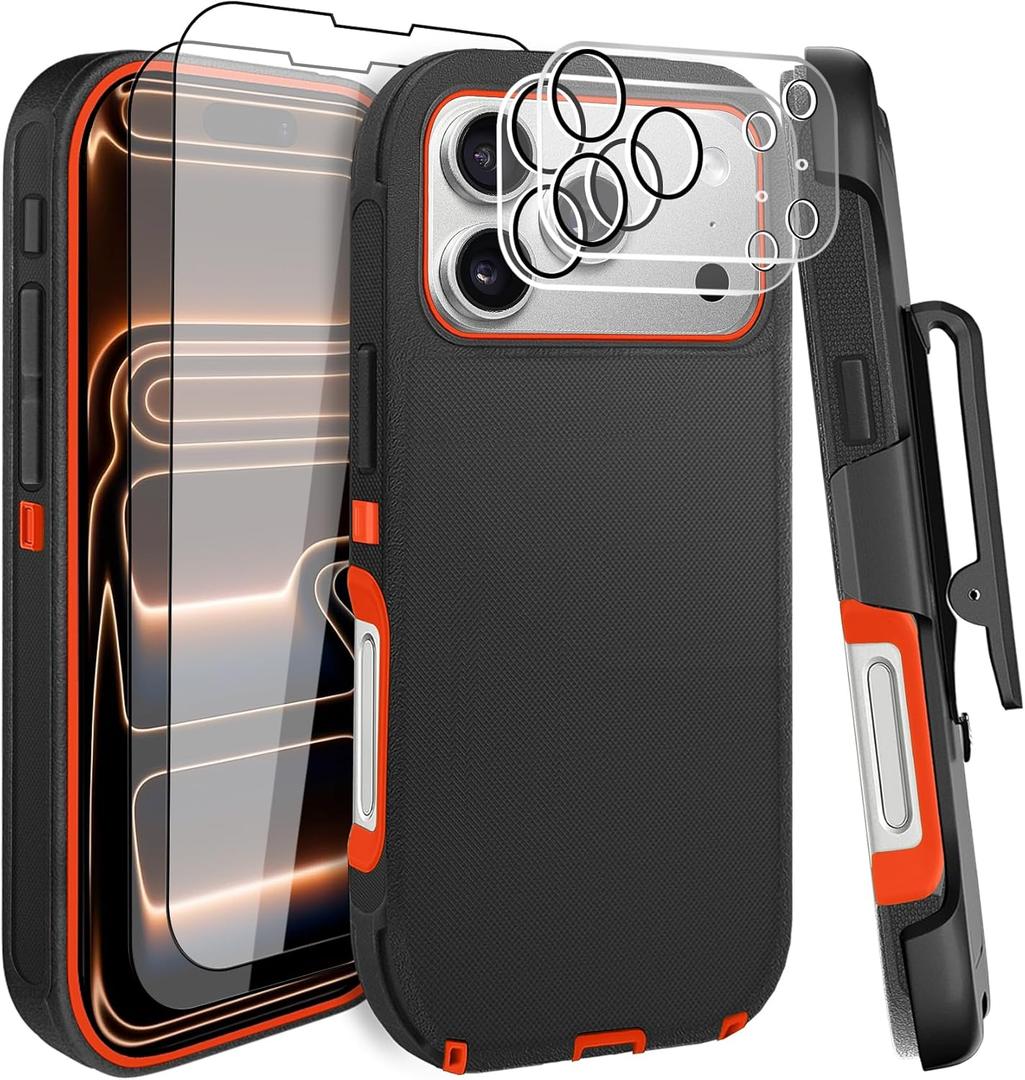 for iPhone 17 Pro Max Case 6.9" with Belt Clip Holster Kickstand, 2 Screen Protector & 2 Camera Lens Protector, Heavy Duty Full Protection Phone Case Cover(Belt Clip,Black+Orange)