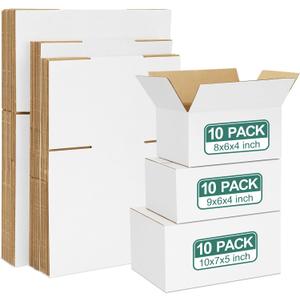 Eupako 30 Pack Small Shipping Boxes Assorted Sizes, 8x6x4 & 9x6x4 & 10x7x5 10 PCS Each Small Boxes, White Corrugated Box Mailers, Cardboard Boxes for Packaging Small Business, Mailing