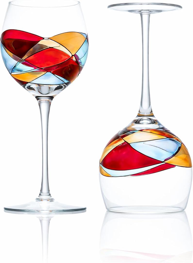 Victoria Barcelona Wine Glasses Hand-Painted Stemmed 14 oz Luxury Gift Women & Men Unique Art Gaudi Inspired by Sagrada Familia Red Murano Stained Glass Christmas Wedding Birthday Anniversary (Set 2)