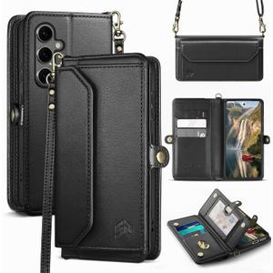 DJBull for Samsung Galaxy S25 Plus Wallet Case with Card Holder, Shoulder and Wristlet Straps, Soft PU Leather, Magnetic Snap, Flip Phone Case for Women Men for Samsung S25 Plus Black