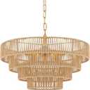 6-Lights Hand-Woven Rattan Pendant Light 4 Round Transitional Minimalist Boho Large Pendant Light for Kitchen Island Dining Room Living Room Hallway, Dia 20 Inch, UL Listed (A-Brass)