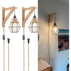 Frideko Wood Wall Sconces Set of Two Plug in, Rustic Wall Lamp with Plug in Cord, Farmhouse Wall Light Fixtures with 8.21FT On/Off Switch Cord, Indoor Sconces Wall Lighting for Bedroom Living Room