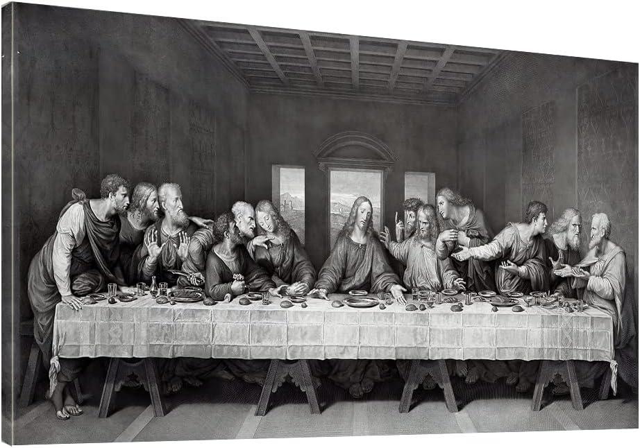 Black White Last Supper Canvas Wall Art -Large Jesus Lord Supper Poster Art Wall Decor Framed for Office Dinner Bedroom Living Room-29x58inch