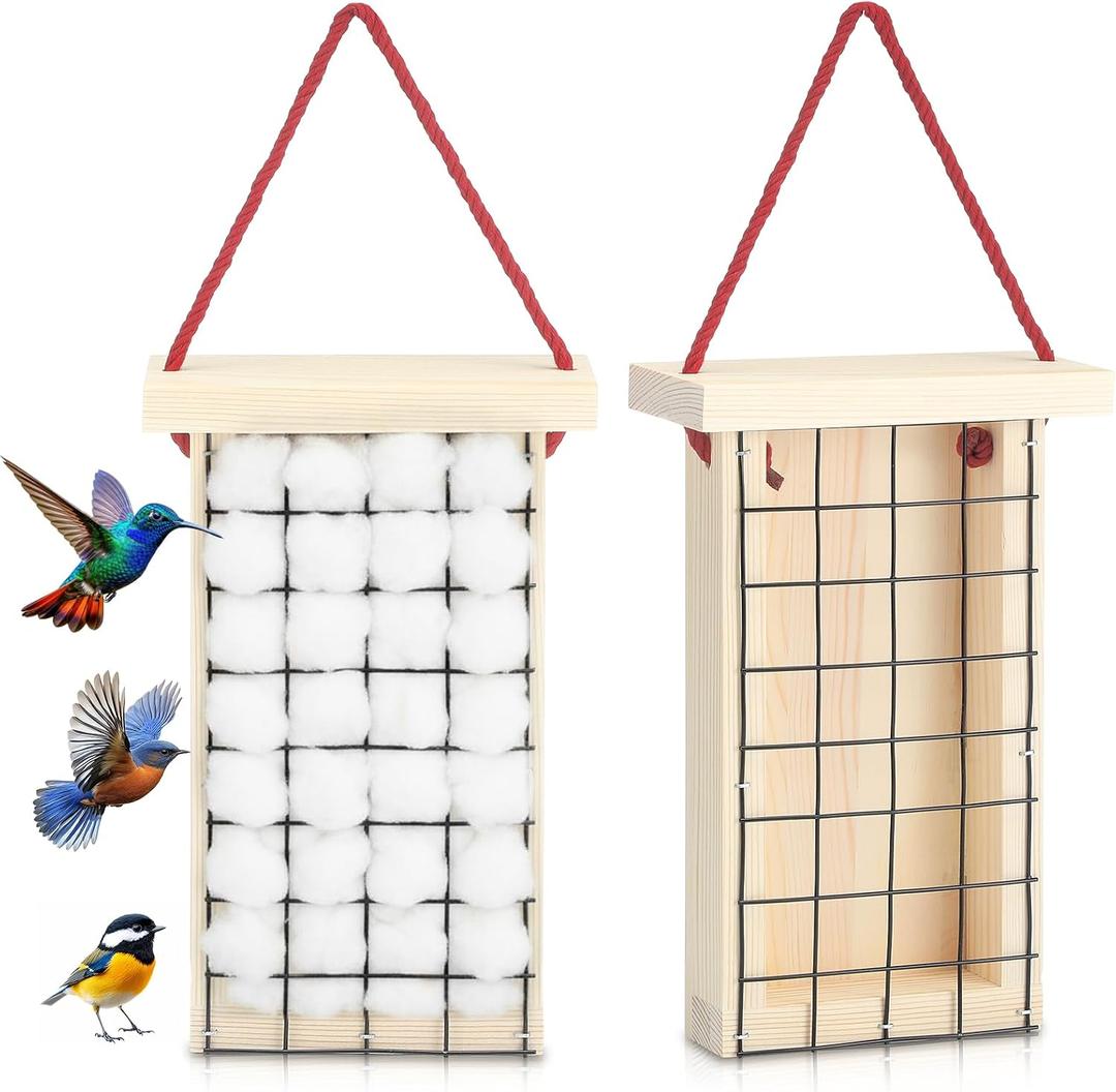 DoubleFill 2 Pack Wooden Hummingbird Nesting Material Alpaca Fiber Bird Nesting Material Holders Refillable Rustic Hanging Helper Cage Wild Birds House for Outdoor Garden Cotton Not Include