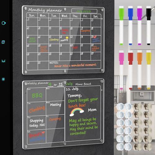 Magnetic Acrylic Calendar for Fridge,2 Pack 11"x15" Clear Fridge Calendar Dry Erase Magnetic Planning Boards Set for Refrigerator with 8 Colorful Highlight Markers