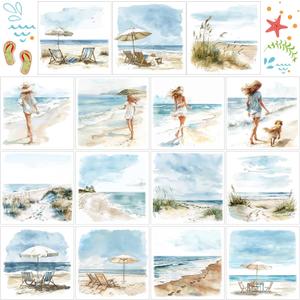 Harloon 15 Sheets Watercolor Summer Beach Rub on Transfers Crafts Beach Window Stickers Rub on Decals for Scrapbook DIY Wood Fabric Journal Dairy Envelope Crafts