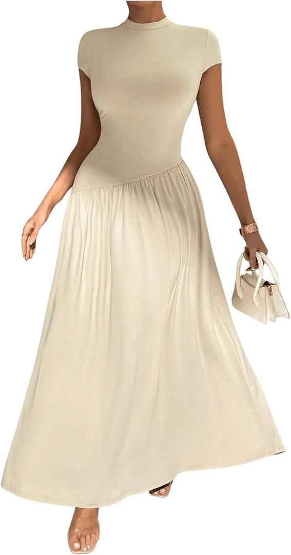 SOLY HUX Women's Summer Maxi Dress Modest Mock Neck Cap Sleeve A Line Flowy Elegant Long Dresses Pure Khaki Medium