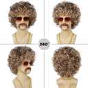 70s 80s Mens Disco Wig with Mustache Glasses Golden Chain Wig Cap Short Afro Curly Wigs For 60s Retro Disco Outfit Men Party Hippies Rocker Cosplay Costume Halloween(Blonde Mix Brown)