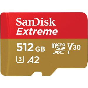 SanDisk 512GB Extreme microSDXC UHS-I Memory Card with Adapter - Up to 190MB/s, C10, U3, V30, 4K, 5K, A2, Micro SD Card - SDSQXAV-512G-GN6MA