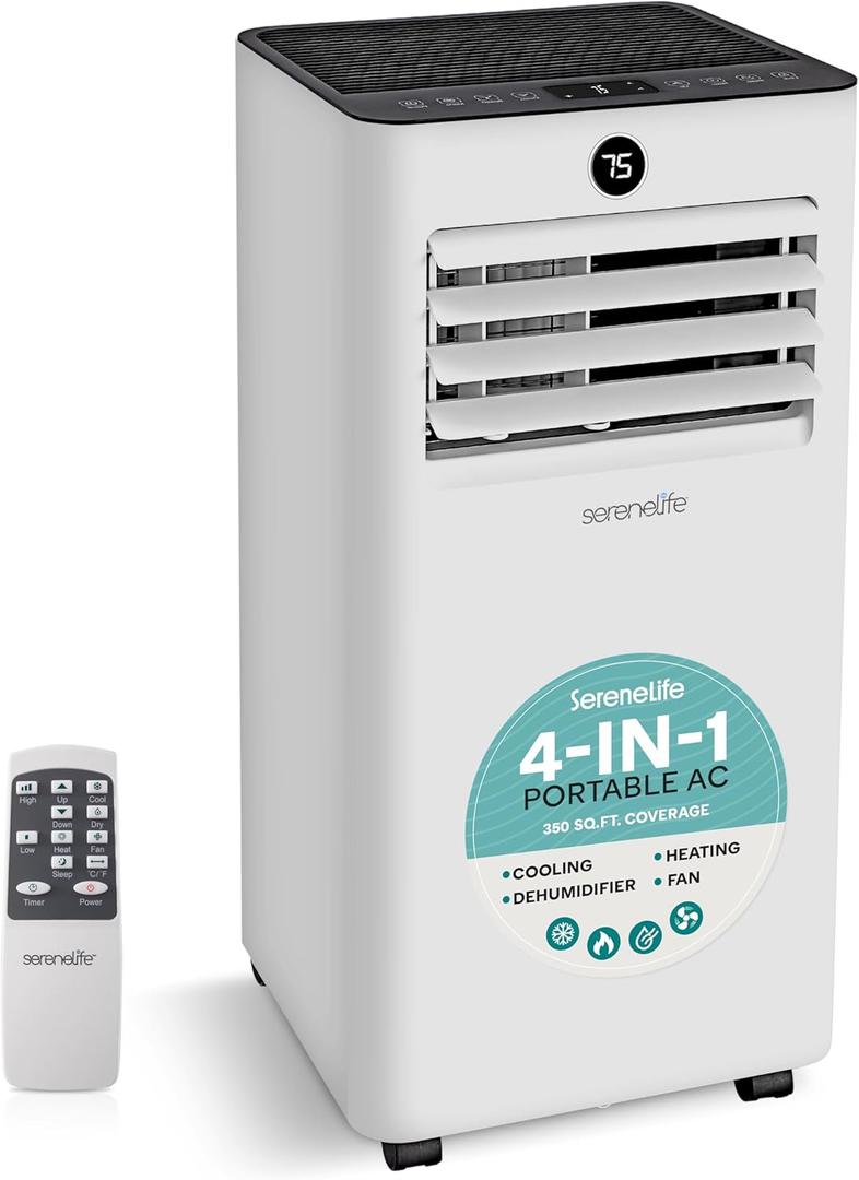 SereneLife 10,000 BTU Portable Air Conditioner and Heater, Small AC with Dehumidifier and Fan, Mini AC Unit with 450 Sq. Ft. Coverage, Includes Remote Control and Window Mount Kit