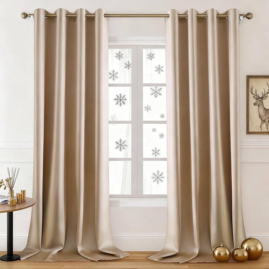 Large Window Drapes Beige Faux Silk Blackout Luxury Curtains