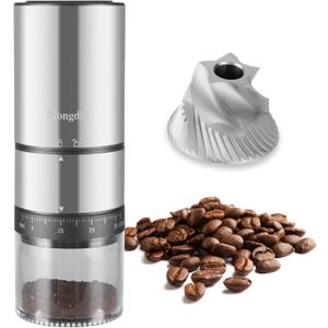 Mongdio Portable Electric Coffee Bean Grinder with 38 Adjustable Settings, Electric Burr Coffee Grinder Stainless Steel Core, For Traveling, Camping, Office, Silver
