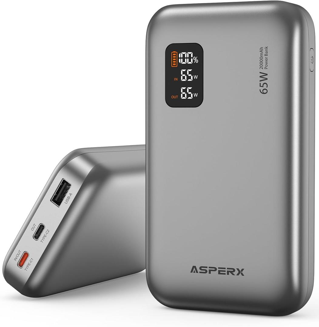 AsperX Power Bank, 20,000mAh 65W USB-C Laptop Portable Charger, Digital Display, PD 3.0 Fast Charging Battery Pack for Laptop MacBook, iPad, iPhone 16/15/14/13 Series, Galaxy S24,  Dell XPS, Steam Deck (Silver)