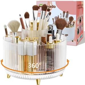 fanado 360° Rotate Makeup Brush Holder Organizer, Makeup Organizers Countertop, Makeup organization and Skincare Storage for Vanity, Desktop, Bathroom (Clear)