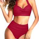 Tempt Me Women Two Piece Swimsuit High Waisted Bikini Halter Vintage Retro Bathing Suit Push up Swimwear (Red, L)