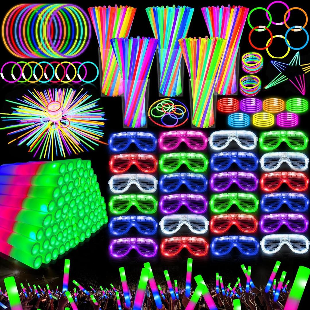 Camlinbo 148 PCS Glow in the Dark Party Supplies- 24 Pcs 16" Foam Glow Sticks, 24 Pcs LED Glasses, 100Pcs Glow Sticks Necklaces Bracelets Light Up Party Favors Pool Party Wedding Concert Halloween