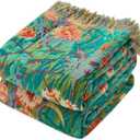 Boho Throw Blanket - 90"x90" 100% Cotton Ultra Soft Lightweight Spring Blanket, 4-Layer Breathable Muslin Blankets for Bed Couch, Reversible Green Floral Printed Bohemian Cotton Quilt