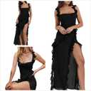 Womens High Slit Bodycon Maxi Dress Ruffle Flowy Sleeve Square Neck Midi Dress Party Dress (Black, L)
