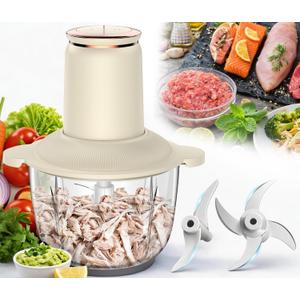 Food Processors 300W Electric Chicken Shredder Meat Grinder with Dual Blades and Full Copper Motor, 2L Food Chopper for Meat/Cooked Chicken Breast/Fish/Vegetable/Baby Food/Pet Food(Large) (2L) Beige
