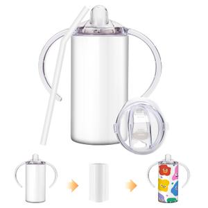 Sublimation Sippy Cup Blank with Handle, 12oz Stainless Steel Sippy Cups, Kids Cups with Straws and Lids Spill Proof Double Wall Vacuum Cup for Children (1 Pack White)