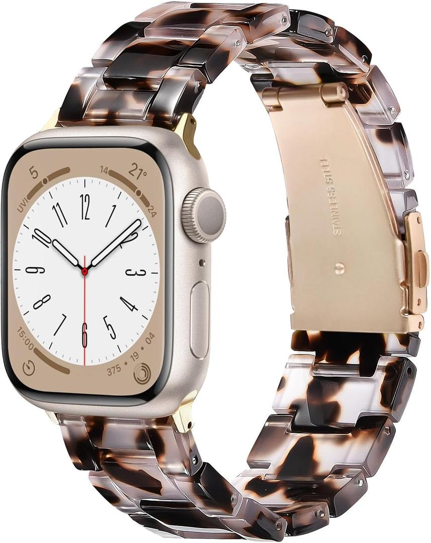 V.R.HOPE Resin Watch Band Compatible with Apple Watch Band for Women 38mm 40mm 41mm 42mm Tortoise Fashion Lightweight Bracelet Strap for iWatch Series 11/10/9/8/7/6/5/4/3/2/1/SE3(Tortoise Rosegold)