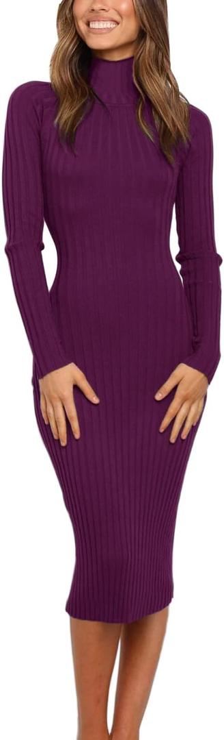 MEROKEETY Women's Long Sleeve Sweater Dress 2025 High Neck Slim Fit Ribbed Knit Midi Winter Dresses (Medium, Plum)