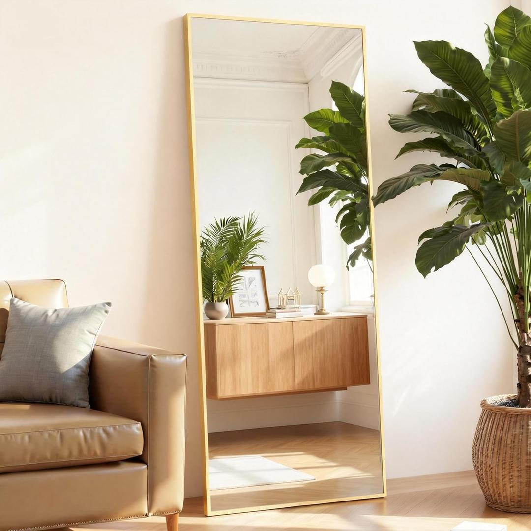 Mirror Full Length, Upgraded Body Wall Mirrors with Shatter-Proof Glass, Floor Standing, Hanging or Leaning, Tall Mirror with Stand Aluminum Alloy Frame for Bedroom (59"L x 16"W, Gold-rect)