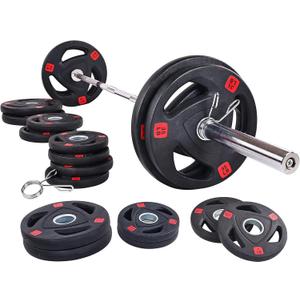 Signature Fitness Cast Iron Olympic 2-Inch Weight Plates Including 7FT Olympic Barbell, 130-Pound, 300-Pound or 325-Pound Set, Multiple Packages