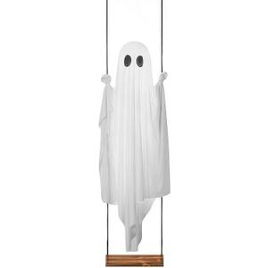 Swinging Ghost Outdoor Decor - Remote Control Large Hanging Motion Activated Ghost with String Lights for Halloween Tree, Porch, Yard, and Garden Display