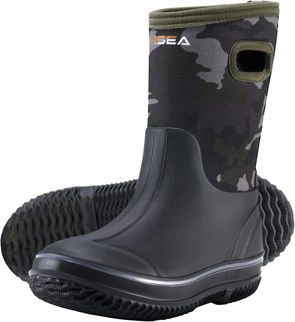 HISEA Kids Rain Boots for Boys Girls, Waterproof Insulated Rubber Neoprene Boots, Seamless Outdoor Rainboot with Handles All Weather Mud Boots for Rain, Water, Snow and Winter (Little Kid/Big Kid) (Green Camo)