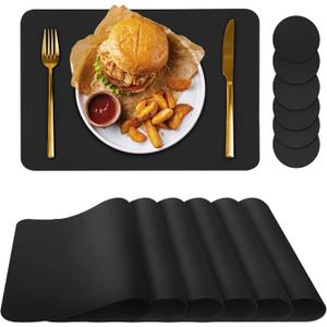 Bacgnyer Placemats Set of 6 Placemat with Coasters Heat Stain Scratch Resistant Non-Slip Waterproof Oil-Proof Washable Wipeable Outdoor Indoor for Dining Patio Table Kitchen Decor and Kids (Black 6)