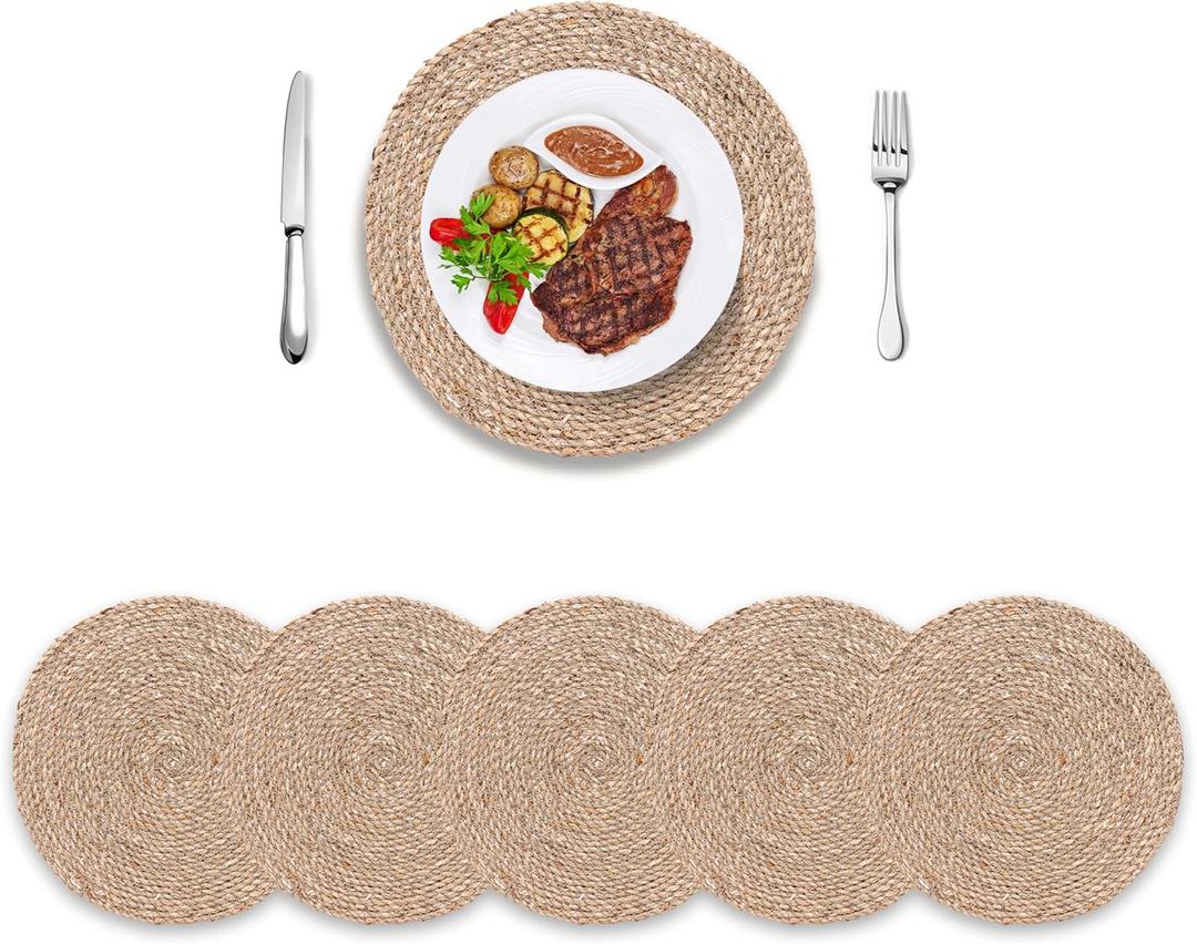 Woven Placemats Set of 6, Round 12" Boho Rattan Natural Hand-Woven Seagrass Placemats, Farmhouse Weave Place Mats, Rustic Braided Wicker Table Mats for Dining Table, Home, Wedding