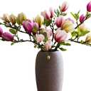 Artificial Magnolia Flowers, 26.5 Inch Fake Branches with Bendable Stem for Home Office Hotel Decor (6, 2Pink+2Purple+2Green)