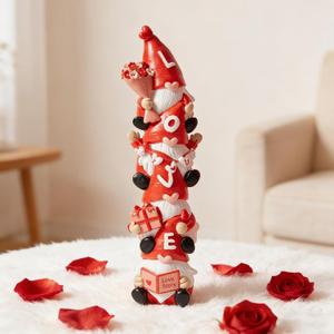 WDS WONDROUS Love Gnome Stack Figurine, Valentine's Day Decorations for Home, Red & White Resin Gnomes Decor with Flowers & Gifts, Wedding & Table Centerpiece, Gifts for Couples Her Him Party