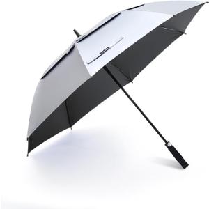 LIDOMPO 68 Inches Uv Protection Golf Umbrella For Sun Protection With Large Windproof Vented Double Canopy, Push-Button Auto Open Black/Silver
