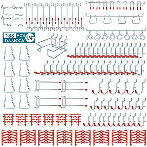 Daanxw 188 Piece 1/4 Inch Heavy Duty Pegboard Hooks Kit,Only Suitable for 1/4 Inch Pegboard,with Peg Lock Pegboard Accessories for Garage Wall Organizer Hanging Tools