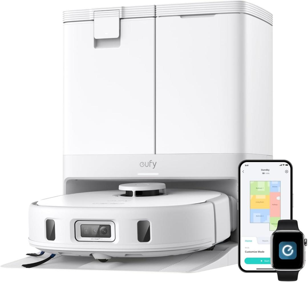 eufy X10 Pro Omni Robot Vacuum and Mop Combo, 8,000 Pa, Dual Mops with 12 mm Auto-Lift and Carpet Detection, AI Obstacle Avoidance, Auto Mop Washing&Drying, Self-Emptying, White