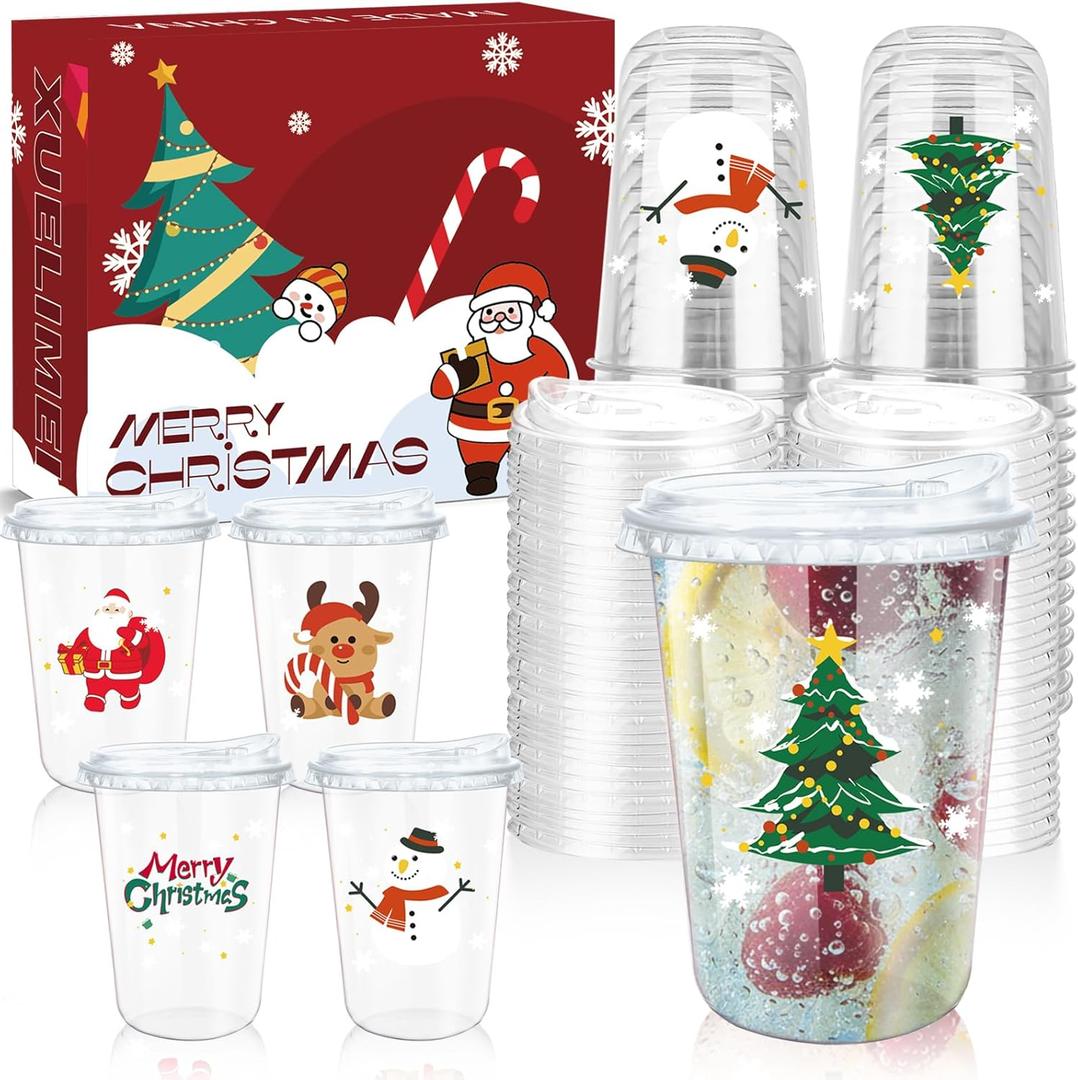 16oz Christmas Disposable Plastic Cups with Strawless Sip Lids-Xmas Tree Santa Reindeer Snow Cold Drinks, Coffee, Beer, Drinks, Ice Cream, Drinking Cups for Holiday Party Supplies. (50)