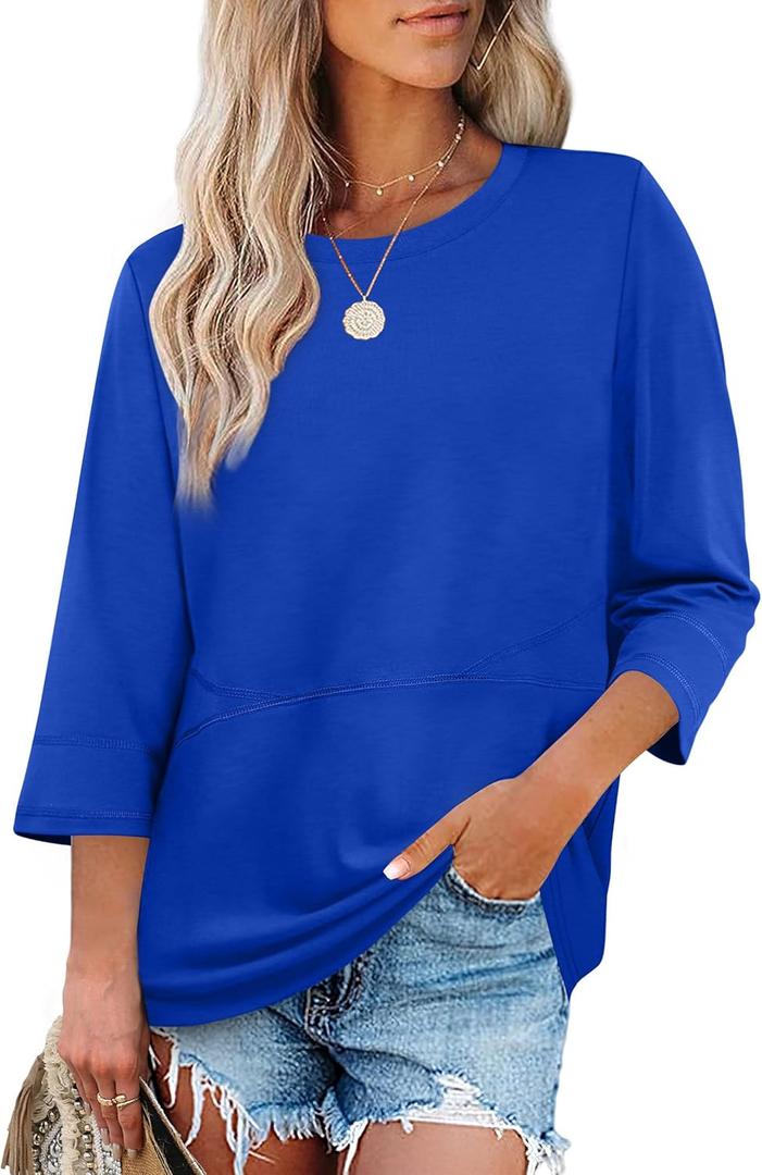 XIEERDUO 3/4 Length Sleeve Tops for Women Business Casual Blouses Slit Side Shirts Blouses Summer Fashion Clothes 2026 (Medium, Royal Blue)