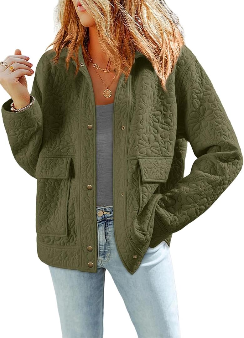 Dokotoo Jackets for Women Casual Long Sleeve Collared Jacquard Coats Trendy Button Down Shacket Jacket with Pockets (Green, XL)