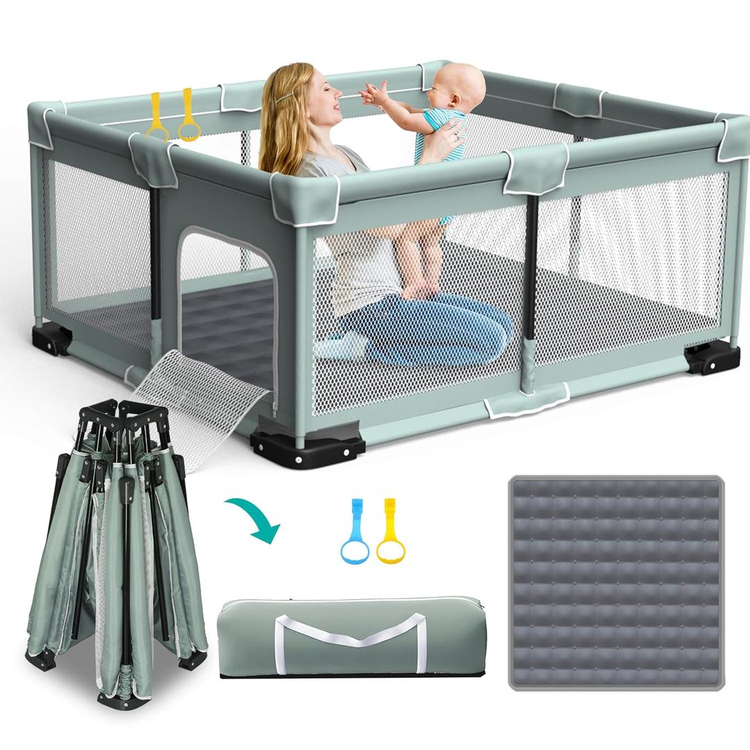 ICAREWAY Foldable Playpen for Babies and Toddlers, 71"x59" Inches Portable Playpen with Mat, Kids Collapsible Play Pen with 2 Handlers, Indoor & Outdoor Baby Play Area with Visible Mesh (Light Green)